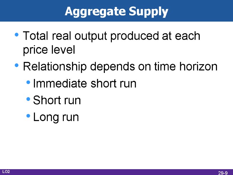 Aggregate Supply Total real output produced at each price level Relationship depends on time
